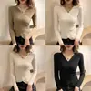 Suéter Outono/Inverno 2026 para Mulheres, Estilo Coreano Decote V Sexy Slim Fit Manga Longa, Blusa de Tricô Básica para Mulheres com Estilo Suave por Dentro