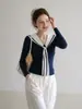 Camiseta de Manga Larga con Cuello de Corbata Azul Marino Estilo Universitario para Mujer, Top de Otoño Ajustado