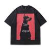 Camiseta Estampada Doberman Lavada Retrô Marca Trendy High Street Tkpa Camiseta de Algodão Americano de Manga Curta e Gola Redonda Solta