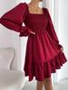 Vestido de verão 2023 europeu e americano com gola quadrada, costura paralela de crepe, bainha com babados, Amazon cross-border feminino