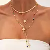 Colar Cruz de Metal com Pingente de Especiaria Transfronteiriço Europeu e Americano Corrente de Clavícula em Y Elegante com Contas de Pérola Multicamadas