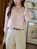 Camisa de Lino Tencel Rosa para Mujer Otoño Solapa Botones Caída en los Hombros Mangas de Dos Maneras Top de Temperamento para el Trabajo
