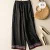 Pantalones de Pierna Ancha Bordados de Algodón y Lino, Ajuste Holgado Casual Artístico Retro de Cintura Alta Adelgazantes, Talla Grande para Primavera y Otoño, Dropshipping para Exportación