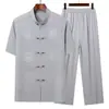 Traje Tang Masculino de Verão com Manga Curta para Pais de Meia-Idade e Idosos, Camisa Casual Fina Estilo Chinês para Exercício Matinal para Avôs