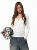 Camiseta Henley Feminina de Manga Longa 2026 Primavera/Outono Retrô Americano Slim Fit Camada Interna Malha Base Camada Base Roupa Externa