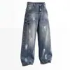 Jeans Vintage de Perna Larga com Grafite para Homens e Mulheres, Novo 2026 Primavera/Outono Emagrecedor Solto Estilo Americano Perna Reta Calças Curvas