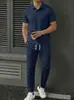 2026 Novo Conjunto Europeu e Americano Transfronteiriço de Primavera e Outono para Homens: Camisa Polo de Manga Curta com Gola Canelada e Calça Comprida Esportiva Casual