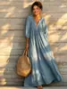Ropa de mujer transfronteriza europea y americana Amazon vestido de cuello en V manga abullonada vestido largo estilo bohemio resort para cubrir