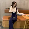 Vestido de Tricô Estilo Socialite Elegante Dongdaemun para Mulheres Primavera 2026 Slim Fit Color-Blocking Inspirado em Chanel Vestido Longo Bodycon Ol