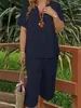 Roupas Femininas Plus Size Amazon Primavera, Verão e Outono Conjunto Elegante e Moderno de Duas Peças com Tops de Manga Curta Gola V Cor Sólida e Calças de Pernas Largas