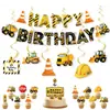 Set Temático de Vehículos de Construcción Transfronterizos para Fiesta de Cumpleaños Infantil, Incluye Excavadora de Construcción, Banderín, Adorno para Pastel, Decoraciones Espirales