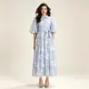 Estilo transfronterizo, vestido largo con cuello de volantes y bordado de encaje, con mangas abullonadas, cintura de amarre y falda fluida.. Elegante vestido de mujer, suministro directo desde la fuente