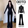 Conjunto Deportivo Negro para Mujer Ropa de Yoga de Otoño Ajustado Ropa de Fitness Estilo Sal Ligeramente Maduro Persona de Color Claro Ropa de Alto Intelecto Pantalones de Campana