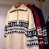 Suéter de tricô vermelho jacquard Fair Isle masculino inverno gola alta com zíper meio do peito estilo preguiçoso solto casaco para casal