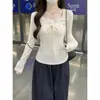 Camiseta Básica de Encaje con Cordones y Cuello en V, Estilo Dulce y Puro, para Mujer, Camiseta de Manga Larga Elástica Ajustada para Principios de Otoño con Adorno de Encaje