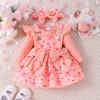 Comercio Exterior de Amazon Trajes de Primavera y Otoño Europeos y Americanos para Bebés y Niñas Pequeñas Bata de Color Sólido de Manga Larga + Falda con Tirantes Estampada + Adorno para la Cabeza