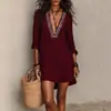 Moda Feminina Transfronteiriça Europeia e Americana Independente Verão 2026 Novo Vestido Elegante Estilo Resort de Manga Média com Decote V