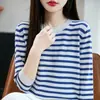 25 suéteres nuevos de punto de algodón a rayas para otoño e invierno para mujer, cuello redondo, corte holgado, elegantes y rejuvenecedores, perfectos como capa base o prenda superior