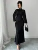 Moda Feminina Transfronteiriça Europeia e Americana 2026 Elegante Vestido Longo Sereia com Renda e Strass de Manga Longa Acinturado