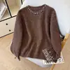 Nuevo diseño de otoño e invierno, cuello y mangas suaves y delicados con decoración de perlas, suéter de punto redondo para mujer