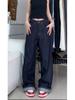 Design Sense para Menina Plus Size Cheinha Jeans de Perna Larga Azul Escuro Calça Reta de Cintura Alta Solta Outono Retro Feminina