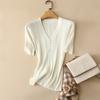 Pinrong Verano Seda Lana Tejido de Manga Corta para Mujer Cuello en V Raya Pit Francesa Slim Delgado Top Lana Fina