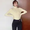 Nuevo Top de Punto de Color Sólido de Manga Larga de Cuello Alto para Otoño e Invierno, Ajuste Delgado, Top Base Trendy para Mujer, Elegante Negro