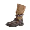 Hebilla de Cinturón de Chica Popular Europea y Americana 2026, Botas Vaqueras Desgastadas para Mujer, Botas de Caballero Fruncidas, Botas Largas de Bloques de Color Adelgazantes, Botas Altas para Mujer