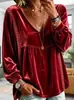 Otoño 2026 Comercio Exterior Europeo y Americano Transfronterizo Nueva Ropa para Mujer Cuello en V Encaje Terciopelo Casual Holgada Camisa de Manga Larga