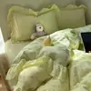 Suave y esponjoso~ Juego de cama de tres piezas con borde de algodón tipo puff estilo francés, Juego de cuatro piezas con lunares y encaje color crema estilo coreano 1