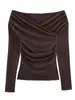Ropa para Mujer Estilo Europeo y Americano 2026 Primavera Nuevo Estilo Top Plisado Sexy Hombros Descubiertos con Cuello Plisado Doble Camiseta de Color Puro Ajustado Mangas Largas