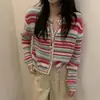 Cardigã de Mohair com Listras Contrastantes Feminino 2026 Outono Inverno Novo Estilo Temperamento Rejuvenescedor Tricô Listrado Arco-Íris Peça de Outerwear
