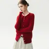 Cardigã 100% caxemira pura, trançado pequeno, gola redonda feminina, suéter de tricô estilo vintage com botões em formato de coração, perfeito como camada base ou peça externa