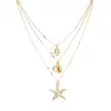 Collar Colgante de Perla y Estrella de Mar de Tres Capas Moda Europea y Americana Diseño de Nicho Retro Aleación de Concha y Caracola Collar para Niñas
