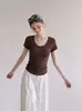 Estilo casual ajuste ceñido manga corta para mujer verano 2026 blanco cuello en U simple casual top de punto 0097