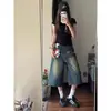 Pantalones de Mezclilla Retro Americanos de Calle Principal de Pierna Ancha Recortados para Mujer Verano Cintura Alta Talla Grande Adelgazantes Holgados Rectos Shorts