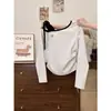 Camiseta Manga Longa Off-Shoulder com Estampa de Laço Estilo Coreano para Mulheres, Nova Versátil Slim-Fit para Primavera e Outono Ins