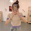 888# Camiseta de manga corta para mujer, verano, estilo ins, celebridad de internet, nueva 2025, top corto ajustado, camisa de punto a rayas retro