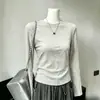 Camiseta Minimalista de Gola Redonda com Manga Longa para Mulheres, Ombro Normal, Camada Base Afuniladora, Top para Roupa de Trabalho
