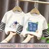 Camiseta de Manga Longa para Meninos Algodão Puro Patchwork Listrado 2026 Nova Primavera e Outono Crianças Médias e Grandes Estilo Coreano Gola Redonda Camada Base