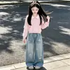 Conjunto Duas Peças Doce e Fofo para Meninas Primavera e Outono: Blusa de Manga Longa com Gola Polo e Laço + Calça Jeans com Estrelas