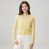 Cárdigan de punto de cachemira con ribete de encaje para mujer, cuello en V, manga larga, corto, elegante francés, versátil, color liso, chaqueta de botones