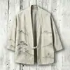 Novo Kimono Capa de Algodão com Fivela Estampa Digital 3D Sete Mangas Camisa Roupão Cardigã Solto Haori