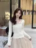 Suéter de Punto Andy de Encaje de Terciopelo con Cuello en V y Manga Larga para Mujer, Suéter Base Elegante Ajustado para Otoño e Invierno