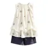 Conjunto Feminino Doce e Fofo 2026 Verão Novo Elegante Flores Bordadas Sem Mangas Top Shorts Conjunto de Duas Peças Tendência