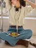 Camisa Roxo com Gola Tencel Francesa e Cordão, Manga Longa para Primavera