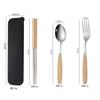 Conjunto de Talheres com Cabo de Madeira Puro Aço Inoxidável Portátil Conjunto de Três Peças Colher de Sopa Infantil Hashi Garfo Colher Presente para Estudante