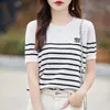 Camiseta de manga corta a rayas con bloques de color transfronteriza para mujer, nuevo estilo verano 2026, ropa elegante de talla grande para mujer, tejido de seda de hielo