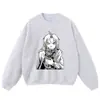 Sudadera con estampado de cómic en blanco y negro, lavado desgastado, corte holgado, inspirada en anime, estilo high-street, con capucha, en stock, para exportación