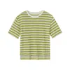 Camiseta de Lona para Mujer Nueva Casual Simple Retro Rayada Cuello Redondo Manga Corta Top Veraniego Holgado Adelgazante para Mujer